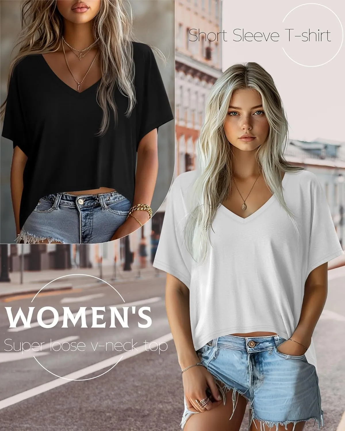 Huukeay 3 Pack Oversized T Shirts for Women Short Sleeve Crop Tops V Neck Irregular Hem Baggy Cropped Tees
