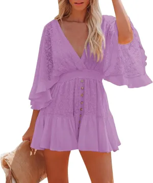 HXHYQKP Women's Boho Floral Mini Dress Deep V-Neck Lace Trim Smocked Waist A-Line Beach Dress for Summer Vacations