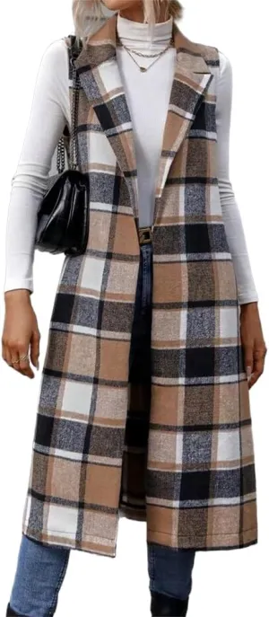 IDEALSANXUN Womens Long Plaid Vest Fall Winter Sleeveless Blazer Jackets Open Front Cardigan