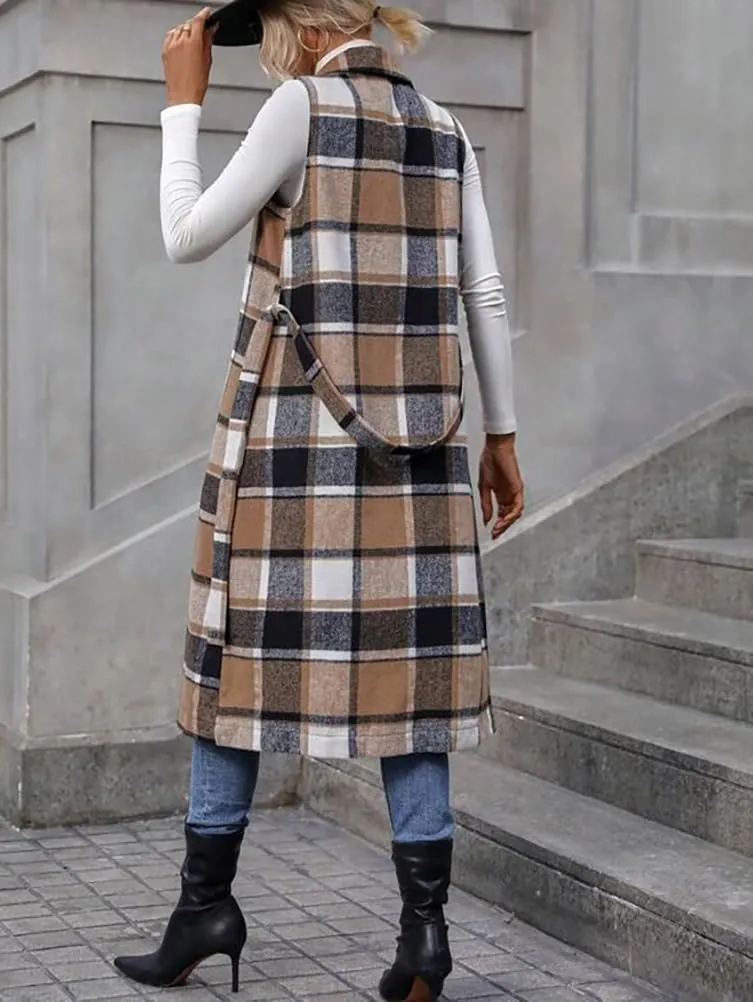 IDEALSANXUN Womens Long Plaid Vest Fall Winter Sleeveless Blazer Jackets Open Front Cardigan