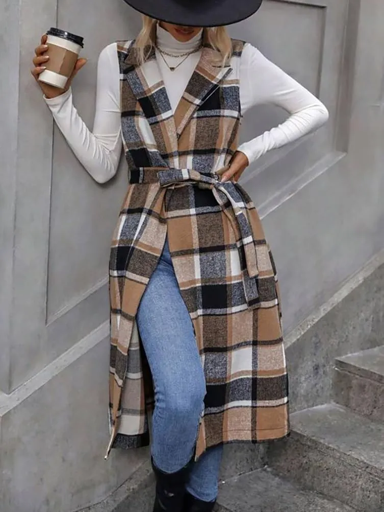 IDEALSANXUN Womens Long Plaid Vest Fall Winter Sleeveless Blazer Jackets Open Front Cardigan