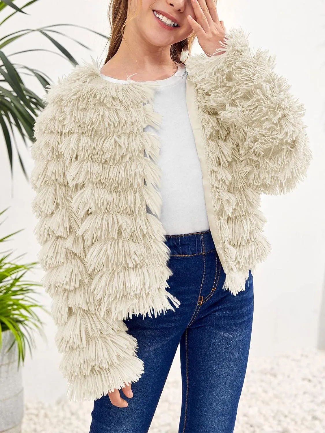 Inorin Girls Open Front Cardigan Faux Fur Coat Warm Fuzzy Trendy Winter Vintage Parka Shaggy Party Outerwear Jackets Tops