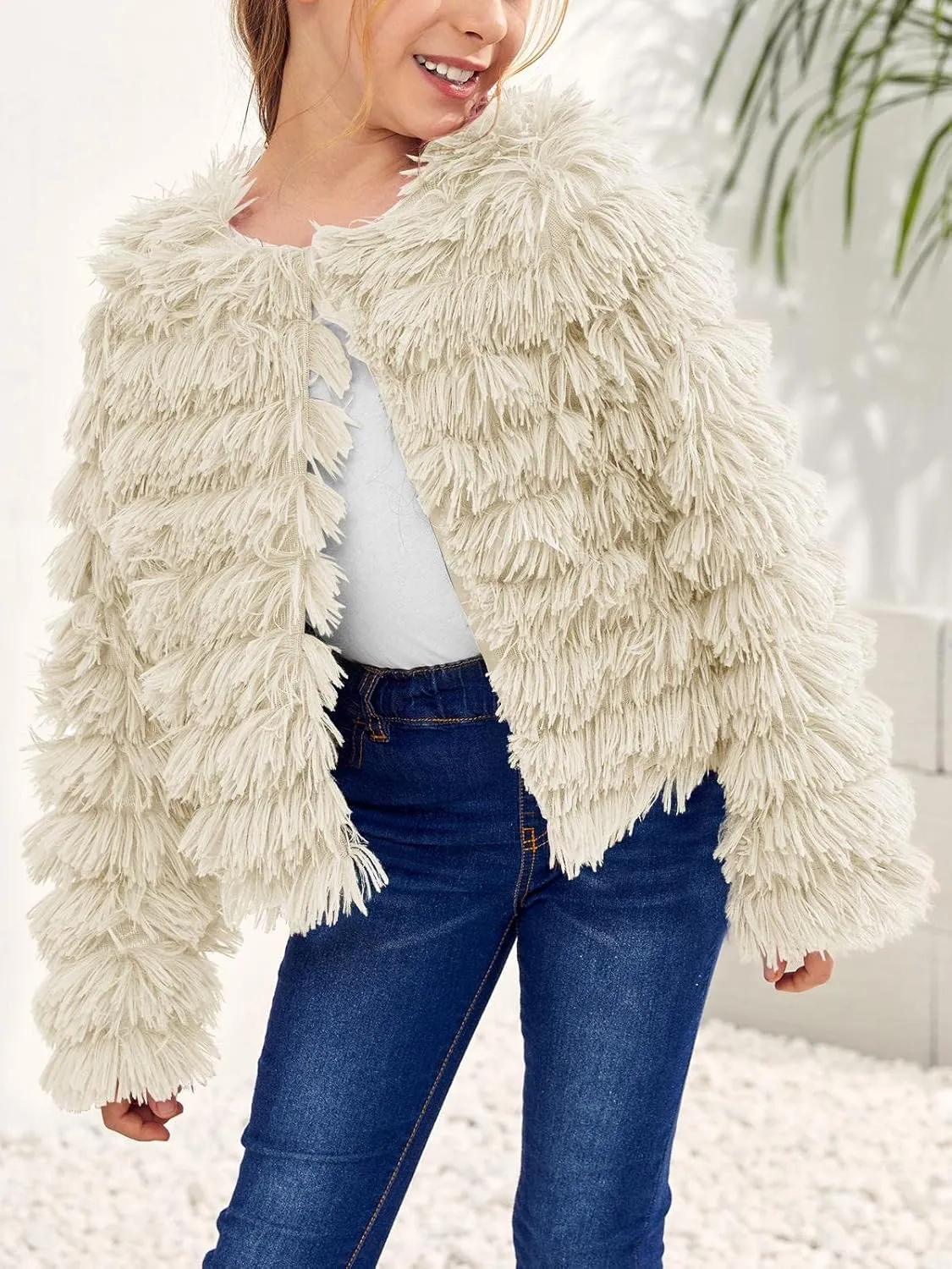 Inorin Girls Open Front Cardigan Faux Fur Coat Warm Fuzzy Trendy Winter Vintage Parka Shaggy Party Outerwear Jackets Tops