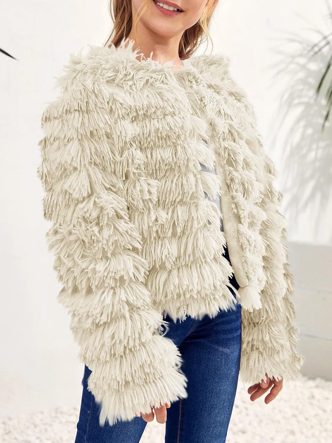 Inorin Girls Open Front Cardigan Faux Fur Coat Warm Fuzzy Trendy Winter Vintage Parka Shaggy Party Outerwear Jackets Tops