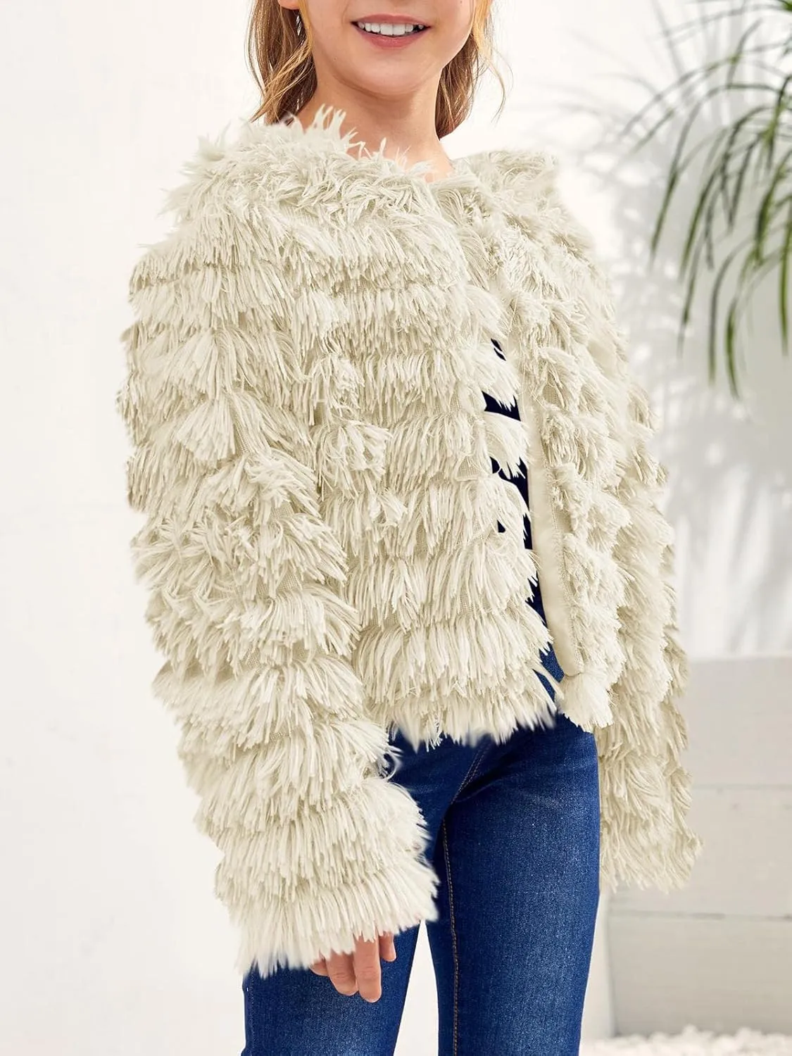 Inorin Girls Open Front Cardigan Faux Fur Coat Warm Fuzzy Trendy Winter Vintage Parka Shaggy Party Outerwear Jackets Tops