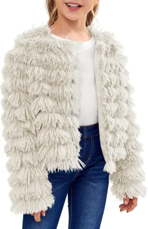 Inorin Girls Open Front Cardigan Faux Fur Coat Warm Fuzzy Trendy Winter Vintage Parka Shaggy Party Outerwear Jackets Tops