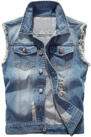 Jade Hare Men's Denim Vest Jean Vest Motorcycle Jacket Casual Style Sleeveless Ripped Denim Jacket