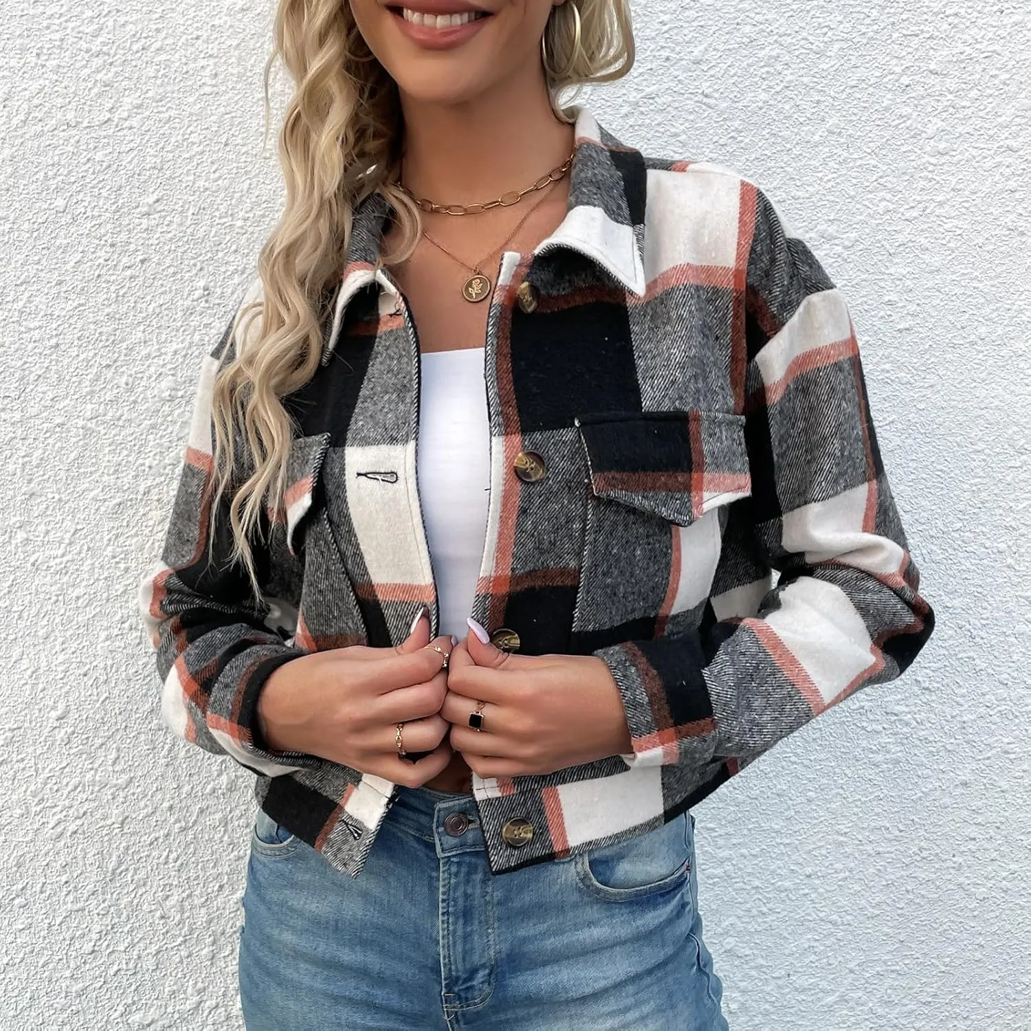 Jade Hare Pea Coat for Women Plaid Shackets Jacket Long Sleeve Peacoat Shirt Casual Lapel Button Down Flannel Trench Coats