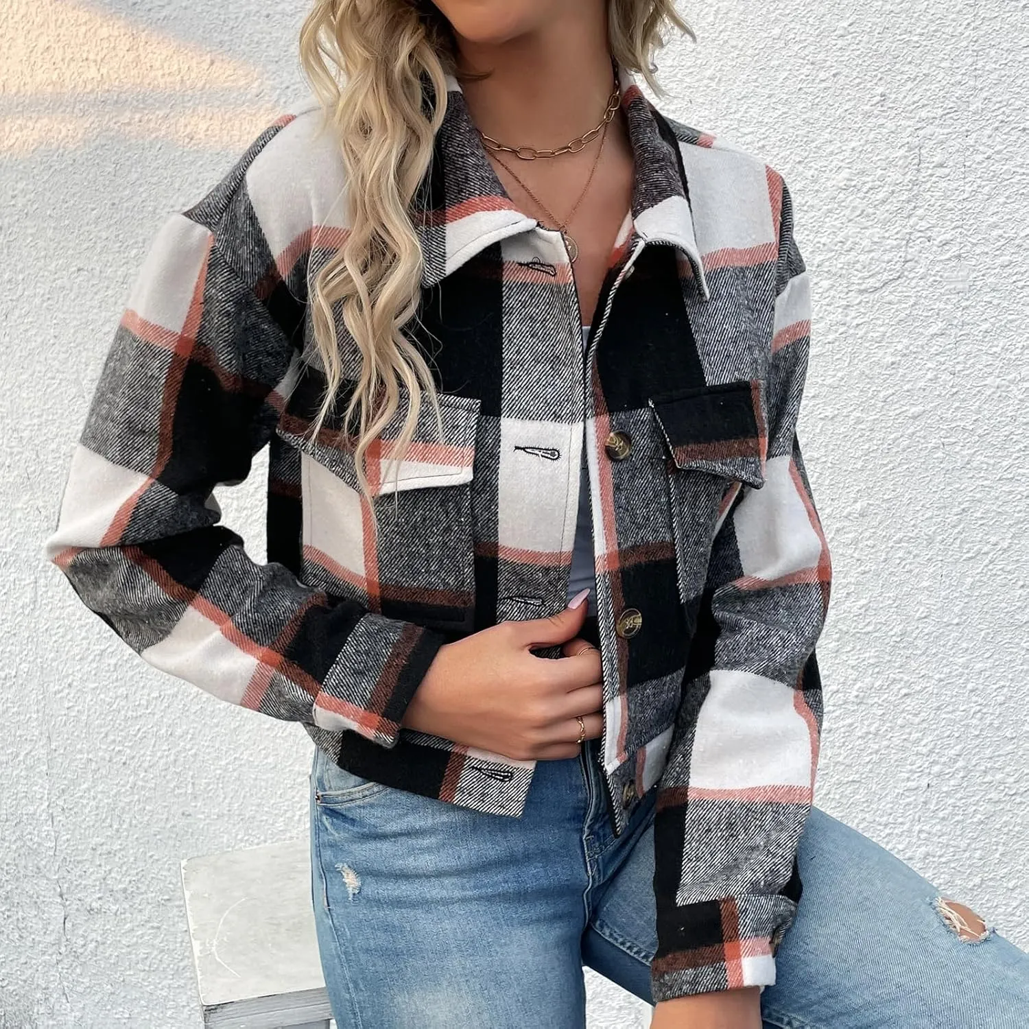 Jade Hare Pea Coat for Women Plaid Shackets Jacket Long Sleeve Peacoat Shirt Casual Lapel Button Down Flannel Trench Coats