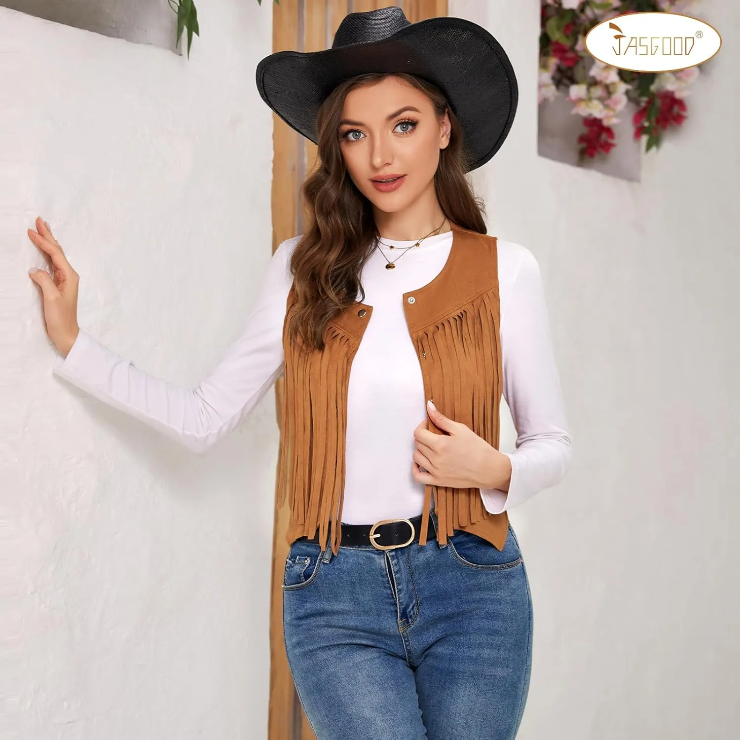 JASGOOD Women's Tassel Vest 70s Hippie Faux Suede Sleeveless Fringe Jacket Western Outfit for Women