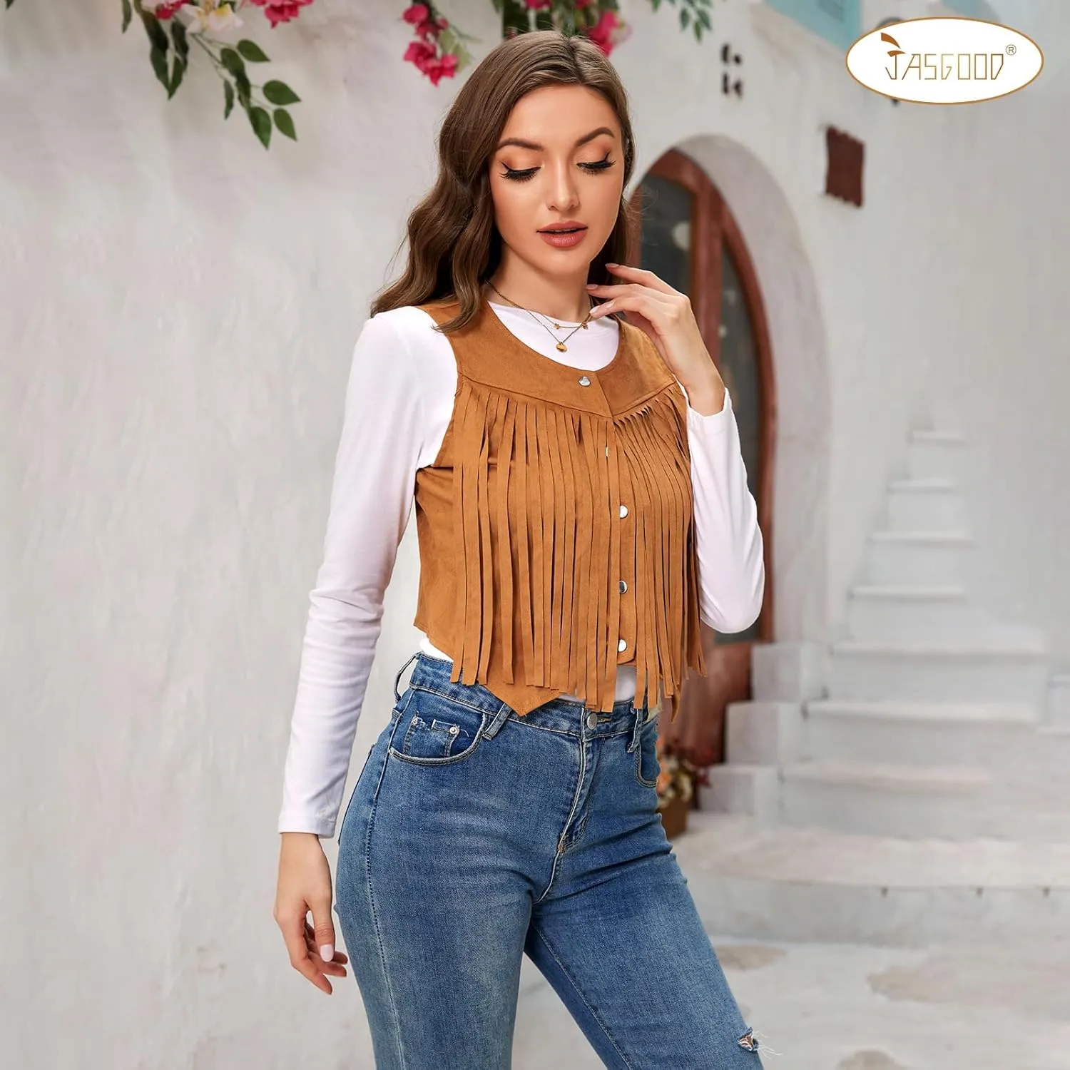 JASGOOD Women's Tassel Vest 70s Hippie Faux Suede Sleeveless Fringe Jacket Western Outfit for Women