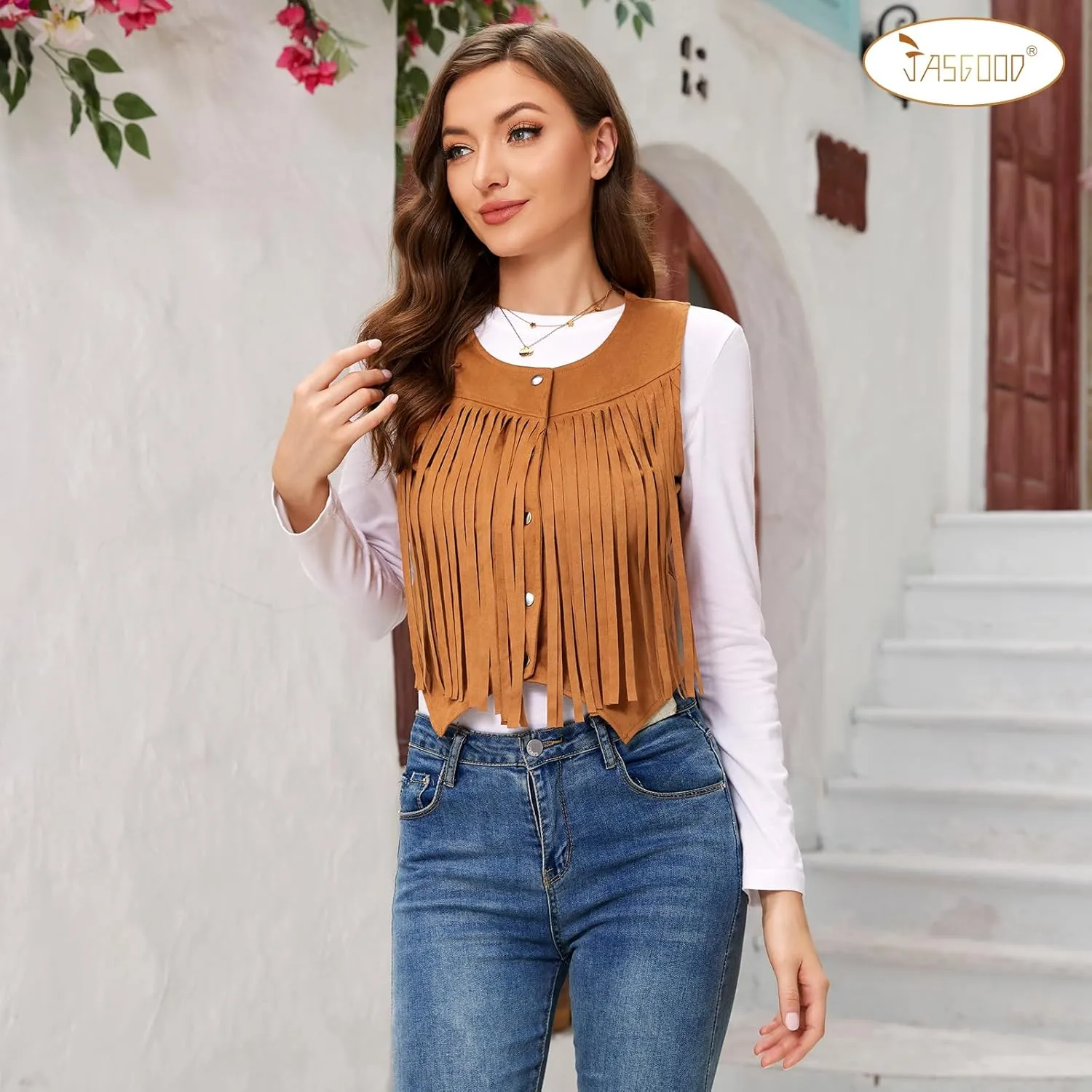 JASGOOD Women's Tassel Vest 70s Hippie Faux Suede Sleeveless Fringe Jacket Western Outfit for Women