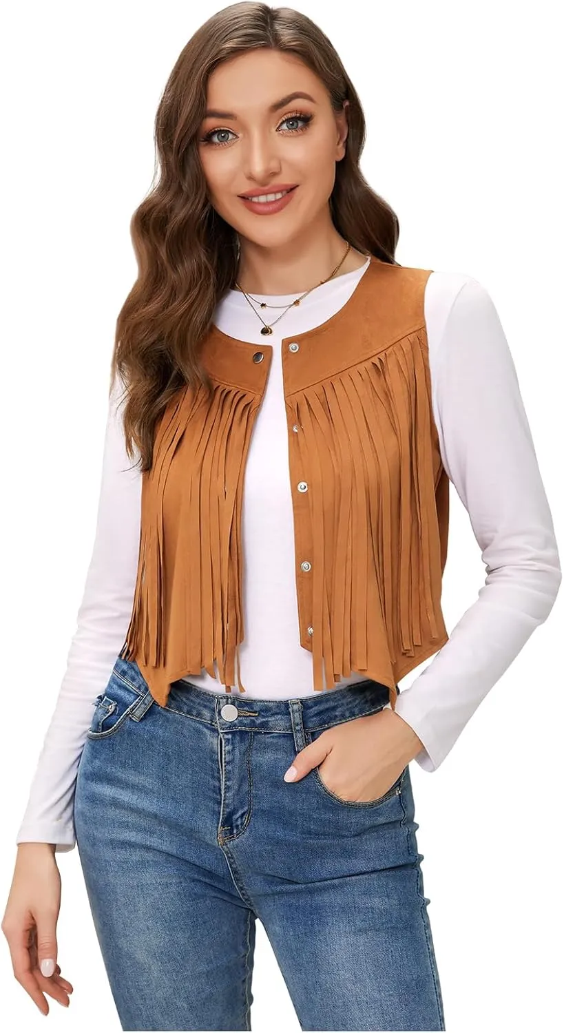 JASGOOD Women's Tassel Vest 70s Hippie Faux Suede Sleeveless Fringe Jacket Western Outfit for Women