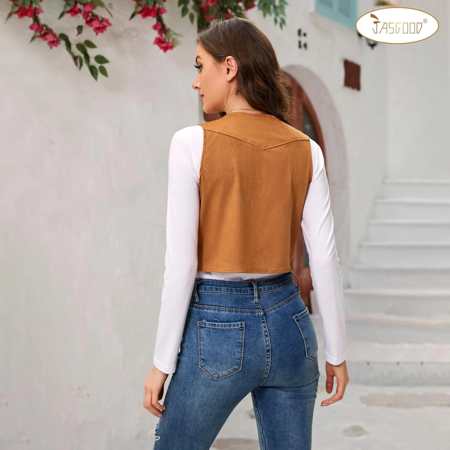 JASGOOD Women's Tassel Vest 70s Hippie Faux Suede Sleeveless Fringe Jacket Western Outfit for Women