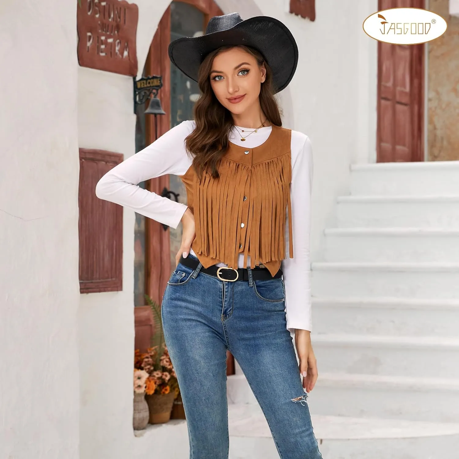 JASGOOD Women's Tassel Vest 70s Hippie Faux Suede Sleeveless Fringe Jacket Western Outfit for Women