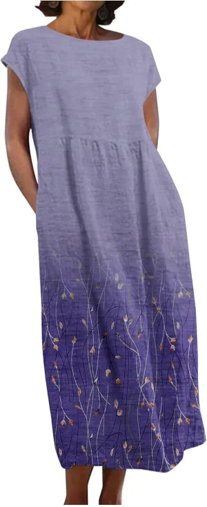 JOAU 2024 Women Summer Cotton Linen Dress Cap Sleeve Crewneck Midi Dresses Flowy Boho Floral Print Dress with Pockets