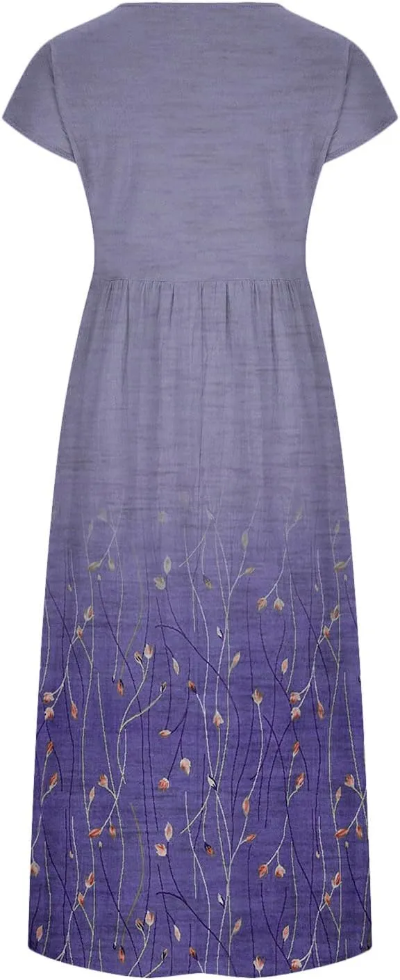 JOAU 2024 Women Summer Cotton Linen Dress Cap Sleeve Crewneck Midi Dresses Flowy Boho Floral Print Dress with Pockets