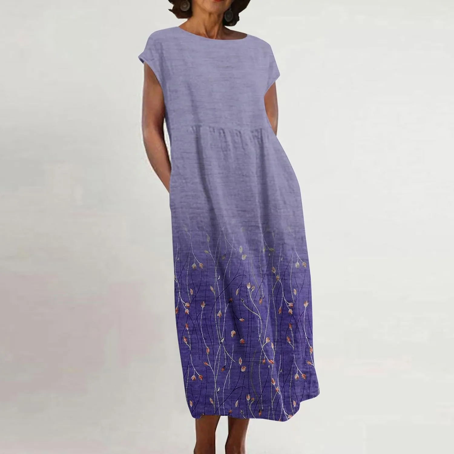 JOAU 2024 Women Summer Cotton Linen Dress Cap Sleeve Crewneck Midi Dresses Flowy Boho Floral Print Dress with Pockets