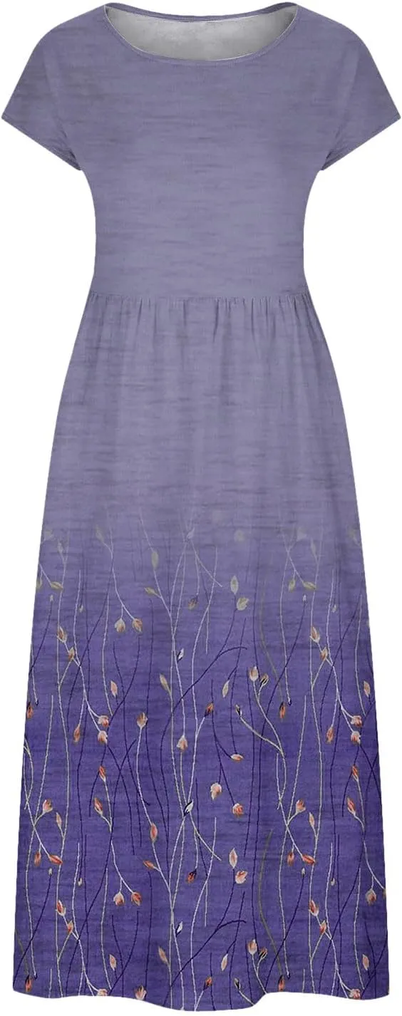JOAU 2024 Women Summer Cotton Linen Dress Cap Sleeve Crewneck Midi Dresses Flowy Boho Floral Print Dress with Pockets