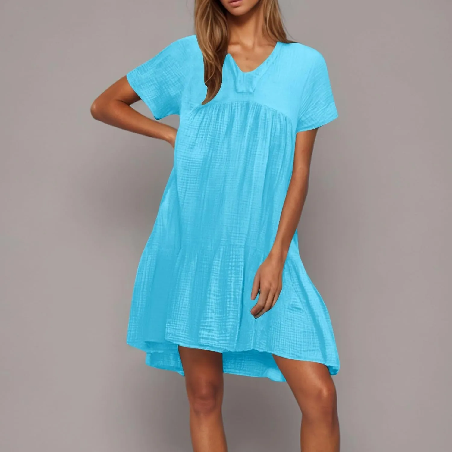 JOAU Women Summer Babydoll Dresses Cute Casual Short Sleeve V Neck Tiered Ruffle A Line Flowy Beach Mini Dress with Pockets