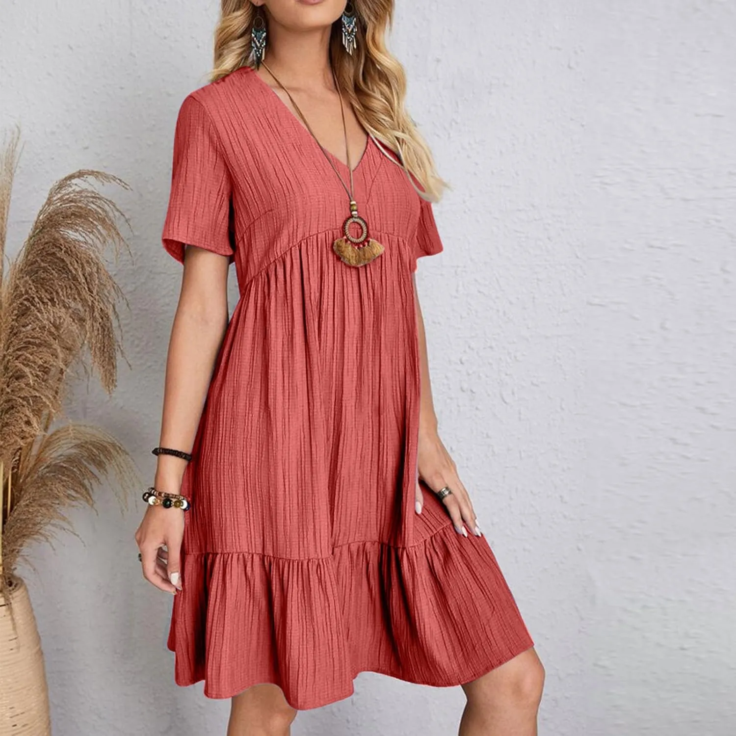 JOAU Women Summer Boho Short Sleeve Beach Textured Mini Dress Casual V-Neck Ruffle Hem Pleated T-Shirt Dress Travel Vacation