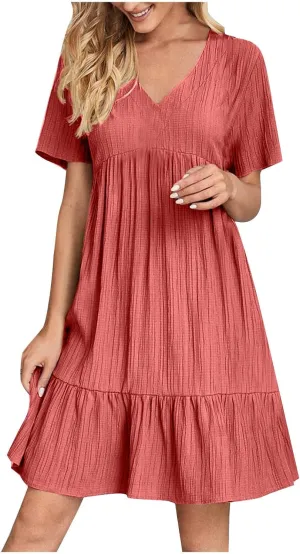 JOAU Women Summer Boho Short Sleeve Beach Textured Mini Dress Casual V-Neck Ruffle Hem Pleated T-Shirt Dress Travel Vacation