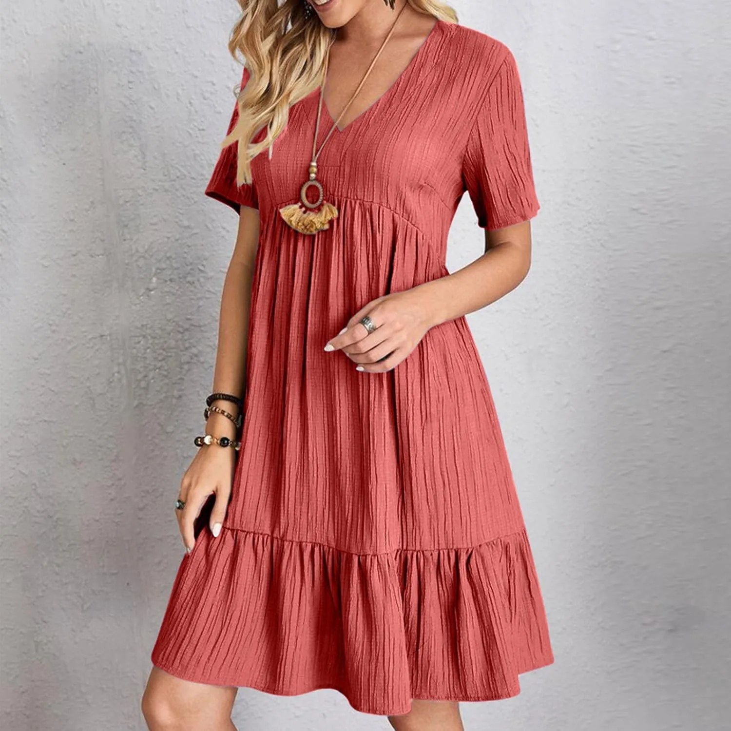 JOAU Women Summer Boho Short Sleeve Beach Textured Mini Dress Casual V-Neck Ruffle Hem Pleated T-Shirt Dress Travel Vacation