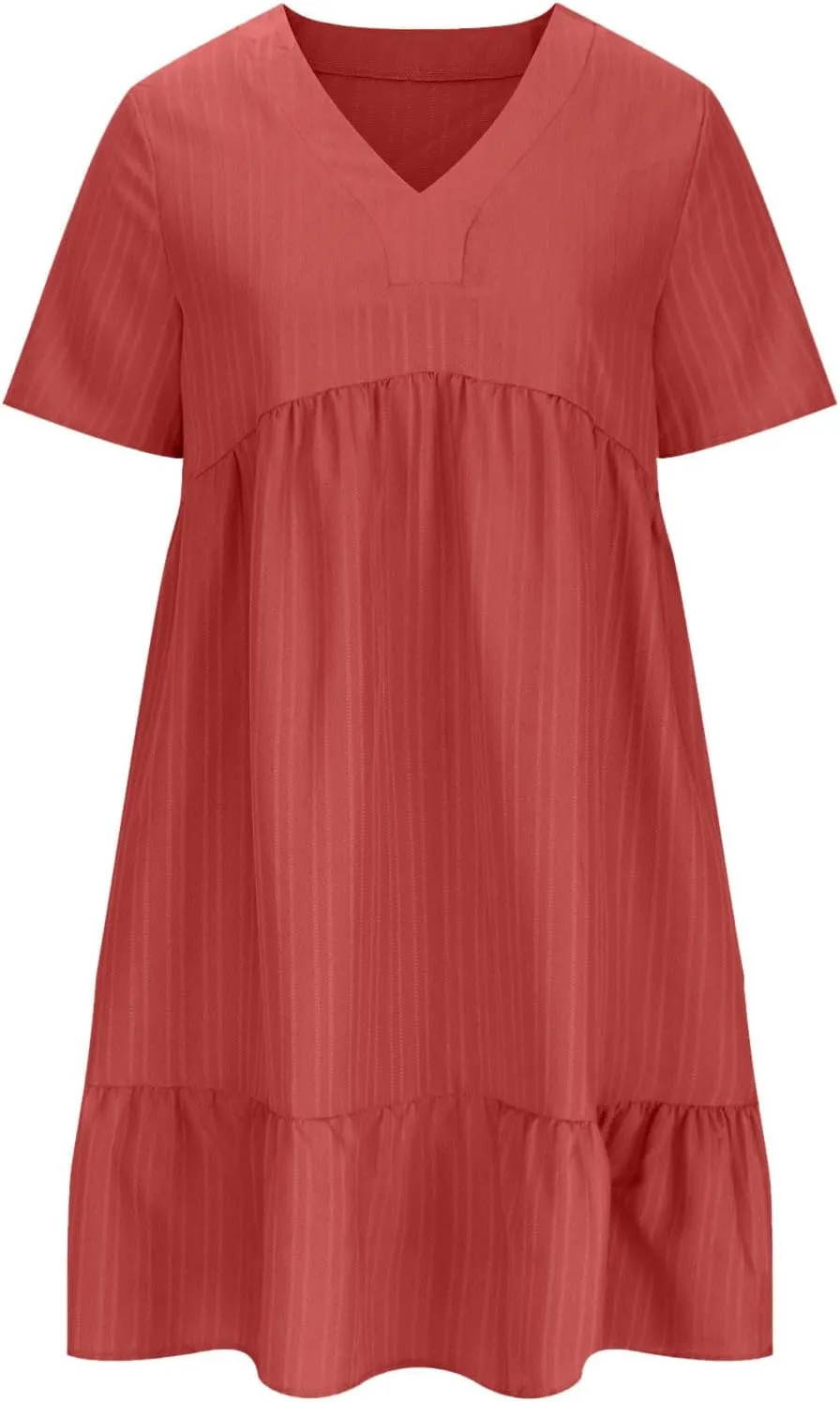 JOAU Women Summer Boho Short Sleeve Beach Textured Mini Dress Casual V-Neck Ruffle Hem Pleated T-Shirt Dress Travel Vacation