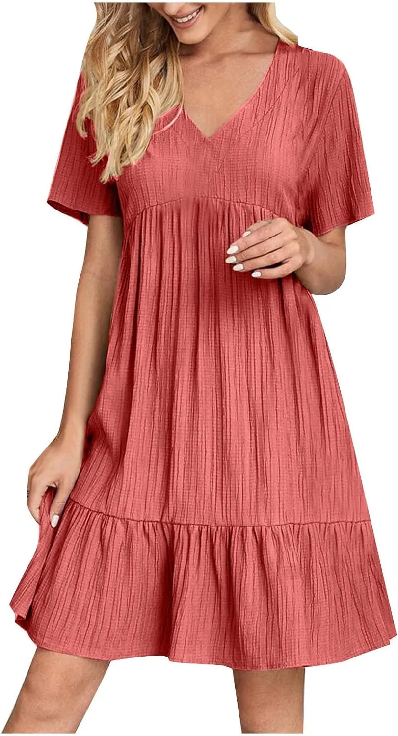 JOAU Women Summer Boho Short Sleeve Beach Textured Mini Dress Casual V-Neck Ruffle Hem Pleated T-Shirt Dress Travel Vacation