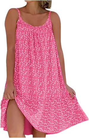 JOAU Womens Boho Printed Short Dress Summer Sleeveless Scoop Neck Spaghetti Strap Flowy Ruffle Hem Beach Casual Mini Dresses