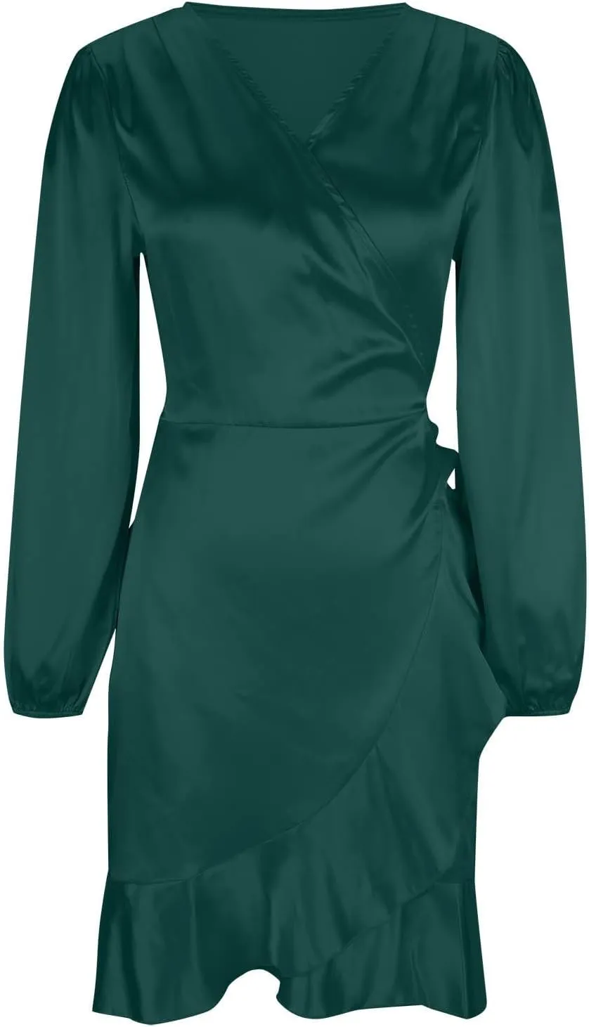 JOAU Women's Satin Long Sleeve Wrap V Neck Ruched Tie Waist Mini Dresses Irregular Slit Ruffle Hem Cocktail Party Dress