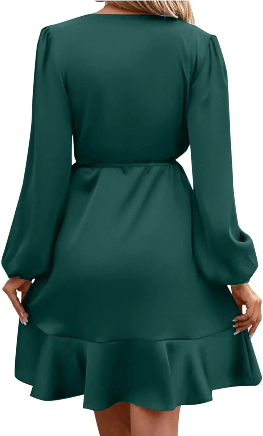 JOAU Women's Satin Long Sleeve Wrap V Neck Ruched Tie Waist Mini Dresses Irregular Slit Ruffle Hem Cocktail Party Dress