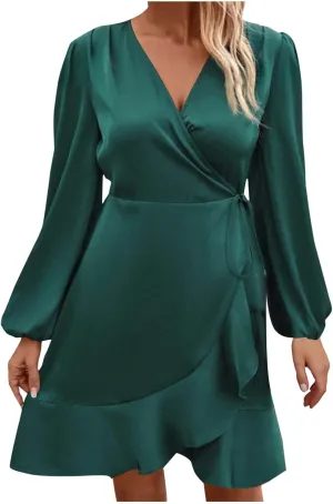 JOAU Women's Satin Long Sleeve Wrap V Neck Ruched Tie Waist Mini Dresses Irregular Slit Ruffle Hem Cocktail Party Dress