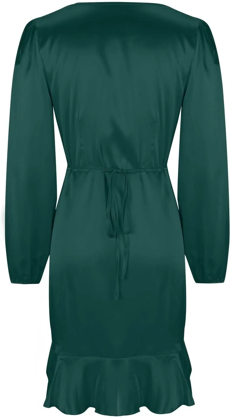 JOAU Women's Satin Long Sleeve Wrap V Neck Ruched Tie Waist Mini Dresses Irregular Slit Ruffle Hem Cocktail Party Dress
