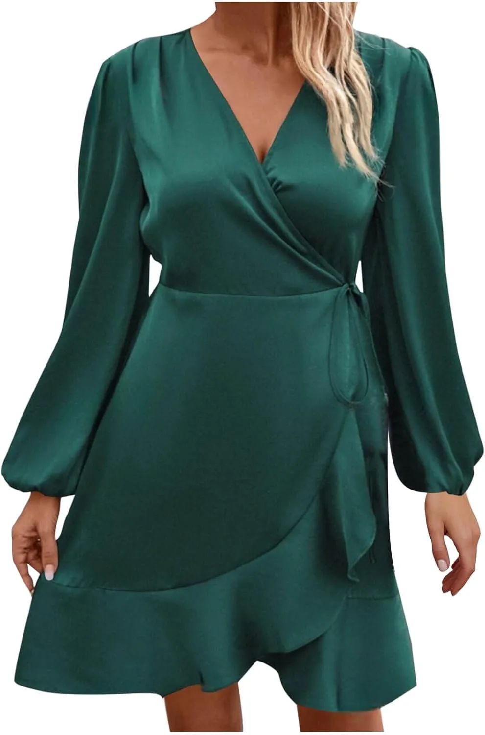 JOAU Women's Satin Long Sleeve Wrap V Neck Ruched Tie Waist Mini Dresses Irregular Slit Ruffle Hem Cocktail Party Dress