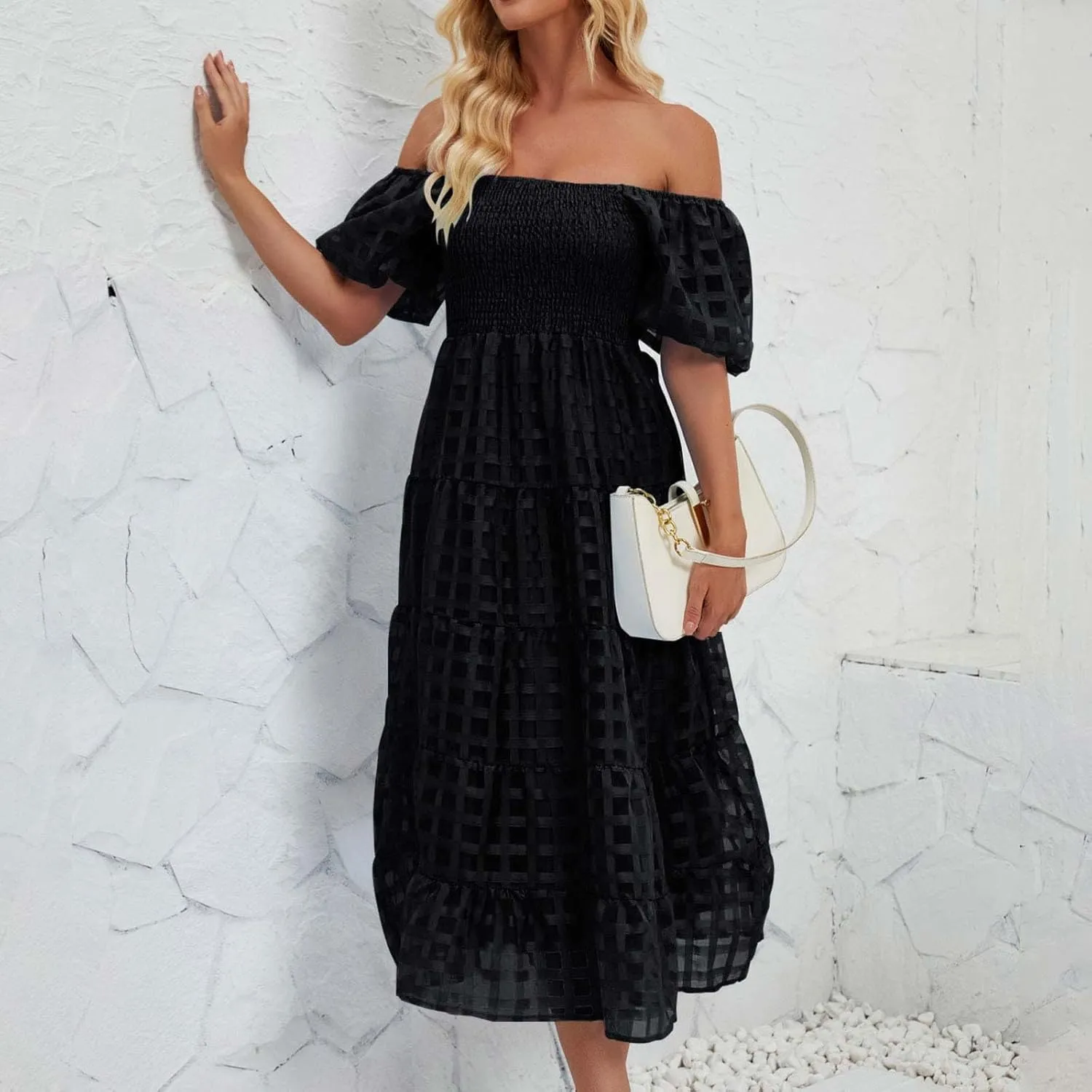 JOAU Women's Summer Off Shoulder Smocked Beach Dress Square Neck Puff Short Sleeve Swing Tiered Layered Ruffle Midi Dresses