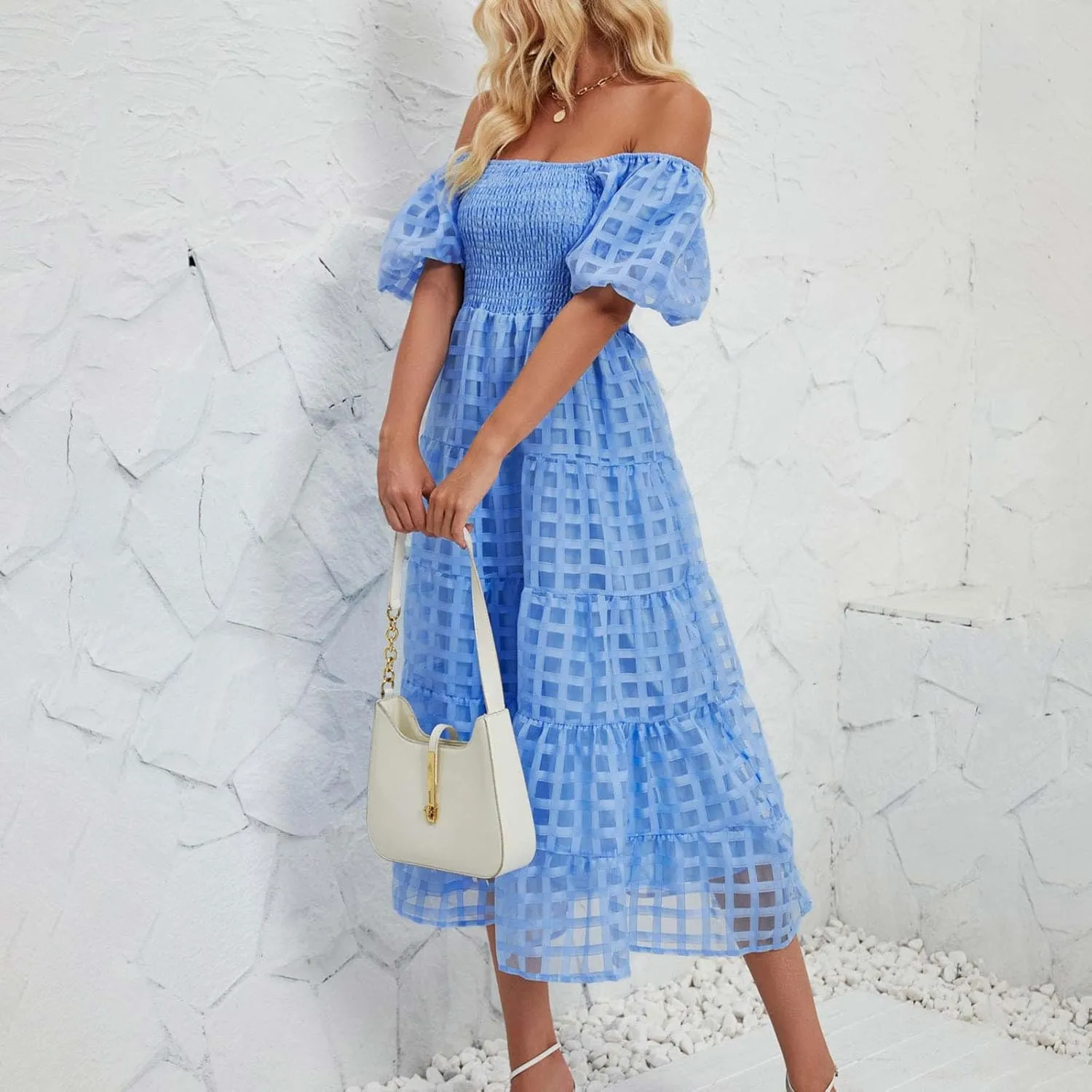 JOAU Women's Summer Off Shoulder Smocked Beach Dress Square Neck Puff Short Sleeve Swing Tiered Layered Ruffle Midi Dresses