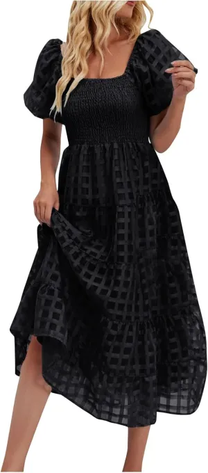 JOAU Women's Summer Off Shoulder Smocked Beach Dress Square Neck Puff Short Sleeve Swing Tiered Layered Ruffle Midi Dresses