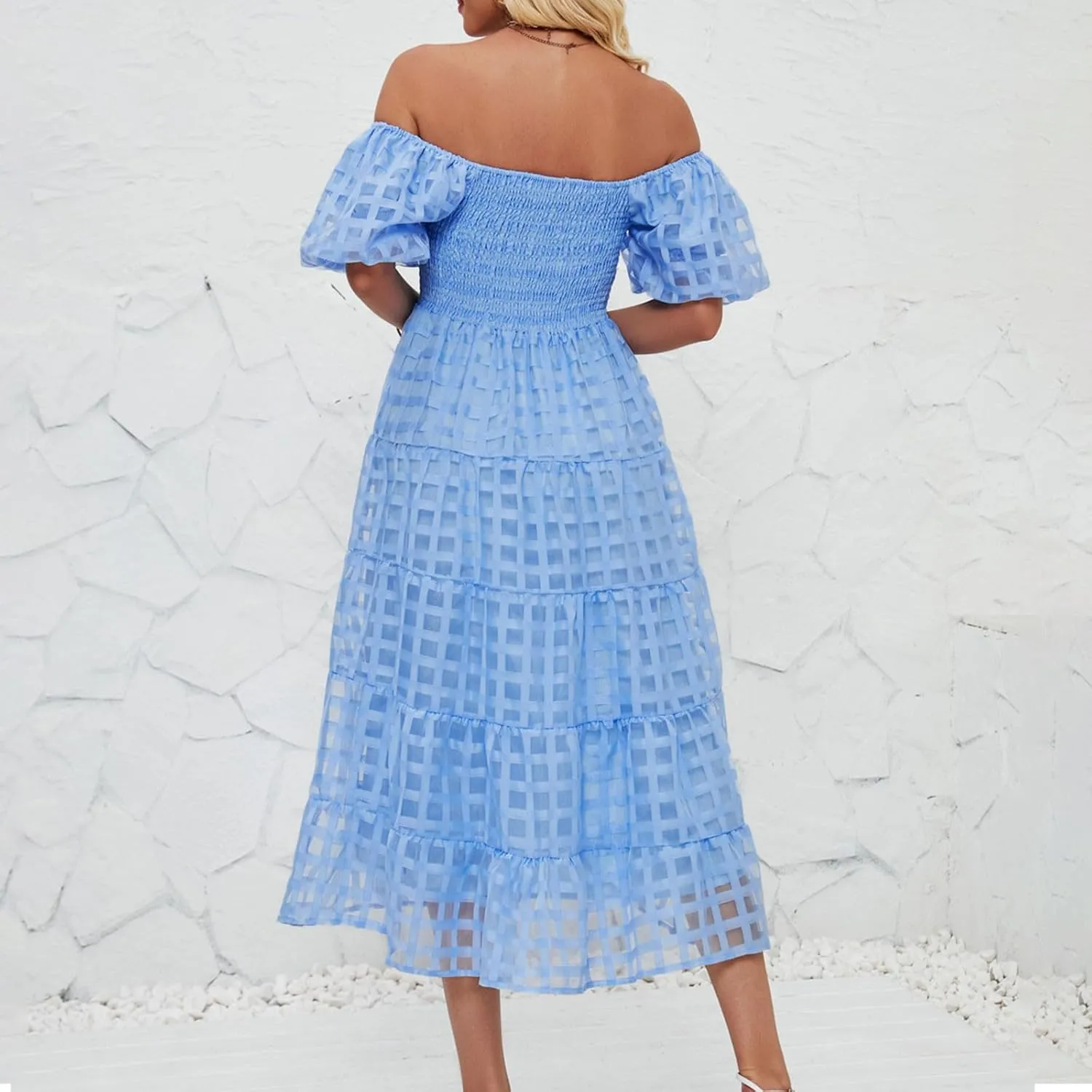 JOAU Women's Summer Off Shoulder Smocked Beach Dress Square Neck Puff Short Sleeve Swing Tiered Layered Ruffle Midi Dresses