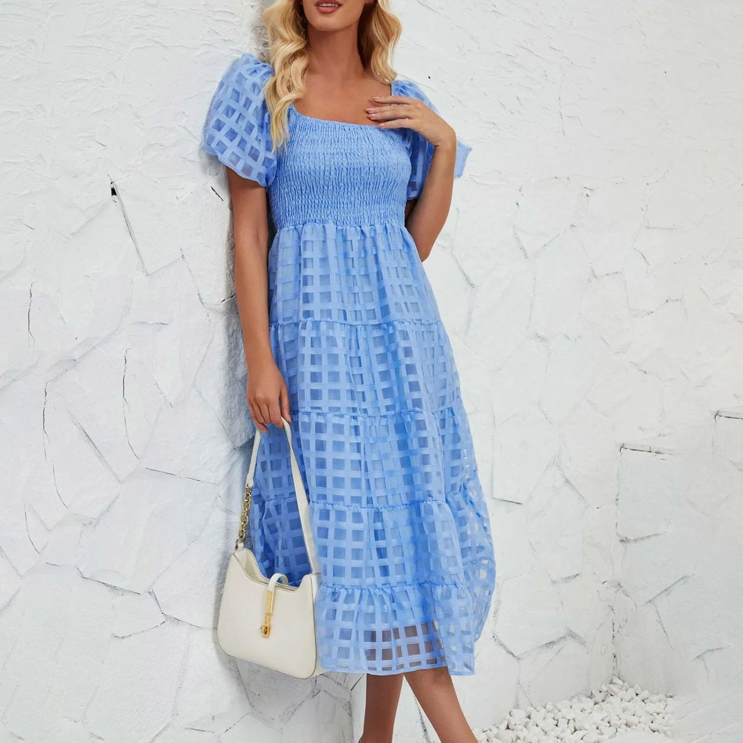 JOAU Women's Summer Off Shoulder Smocked Beach Dress Square Neck Puff Short Sleeve Swing Tiered Layered Ruffle Midi Dresses