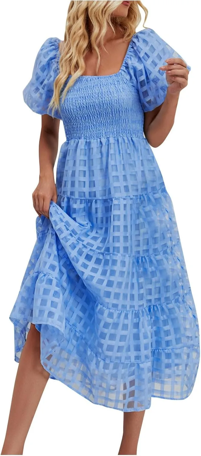 JOAU Women's Summer Off Shoulder Smocked Beach Dress Square Neck Puff Short Sleeve Swing Tiered Layered Ruffle Midi Dresses