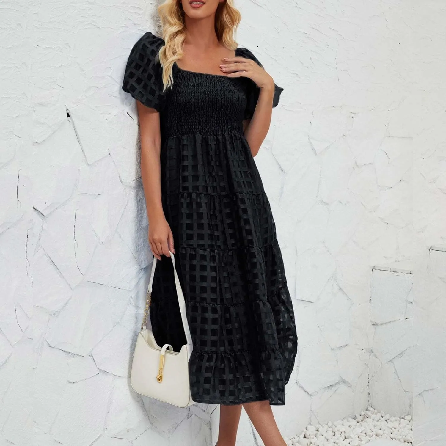 JOAU Women's Summer Off Shoulder Smocked Beach Dress Square Neck Puff Short Sleeve Swing Tiered Layered Ruffle Midi Dresses