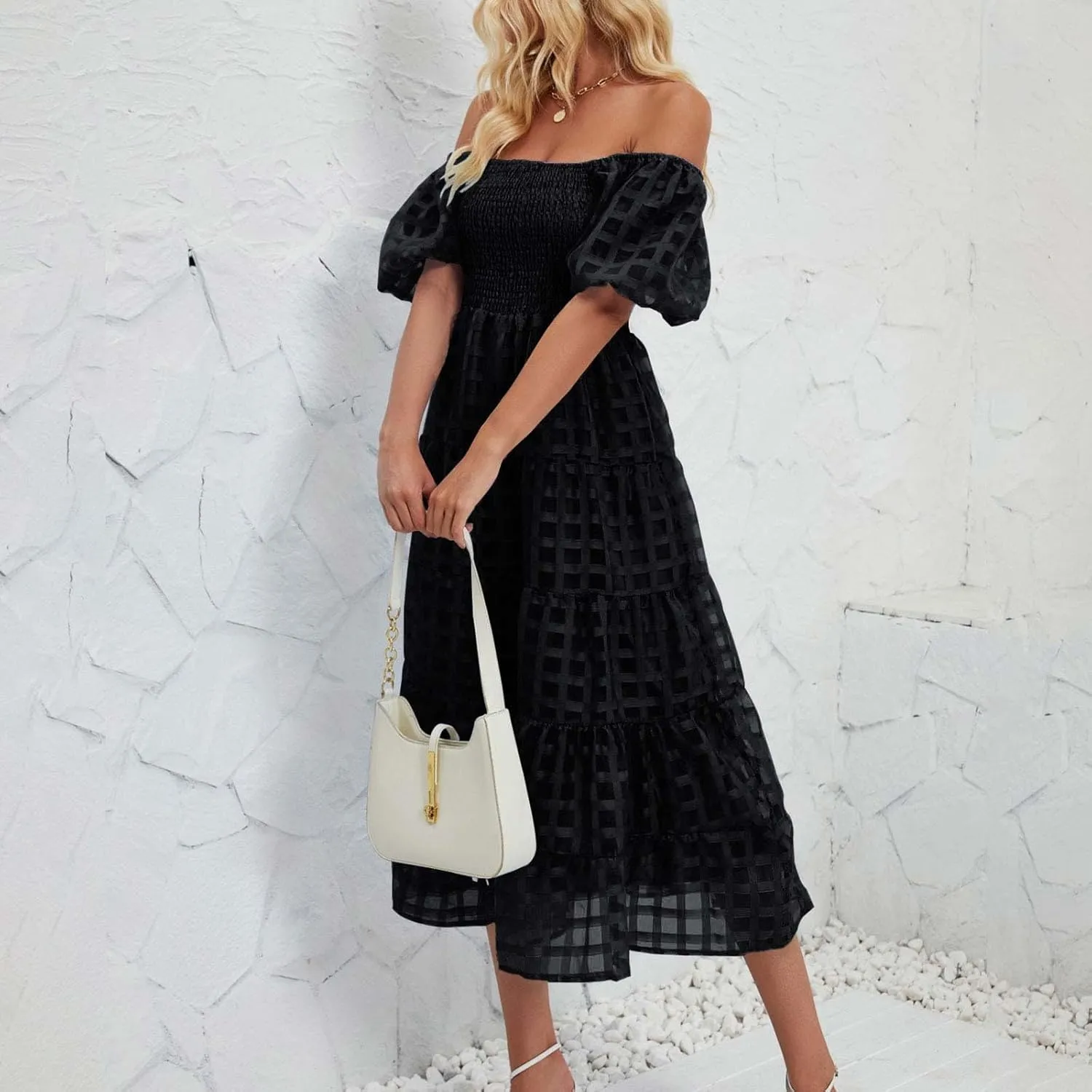 JOAU Women's Summer Off Shoulder Smocked Beach Dress Square Neck Puff Short Sleeve Swing Tiered Layered Ruffle Midi Dresses