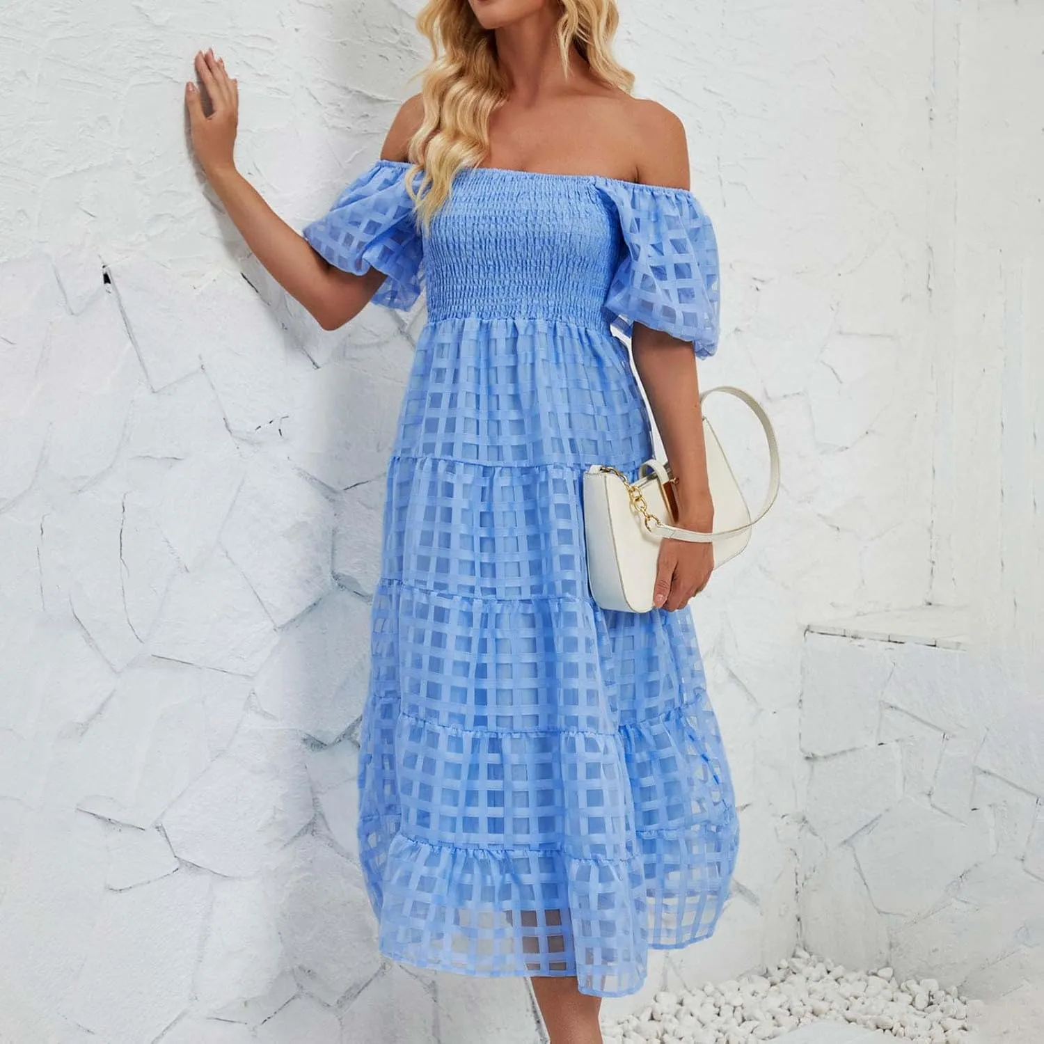 JOAU Women's Summer Off Shoulder Smocked Beach Dress Square Neck Puff Short Sleeve Swing Tiered Layered Ruffle Midi Dresses