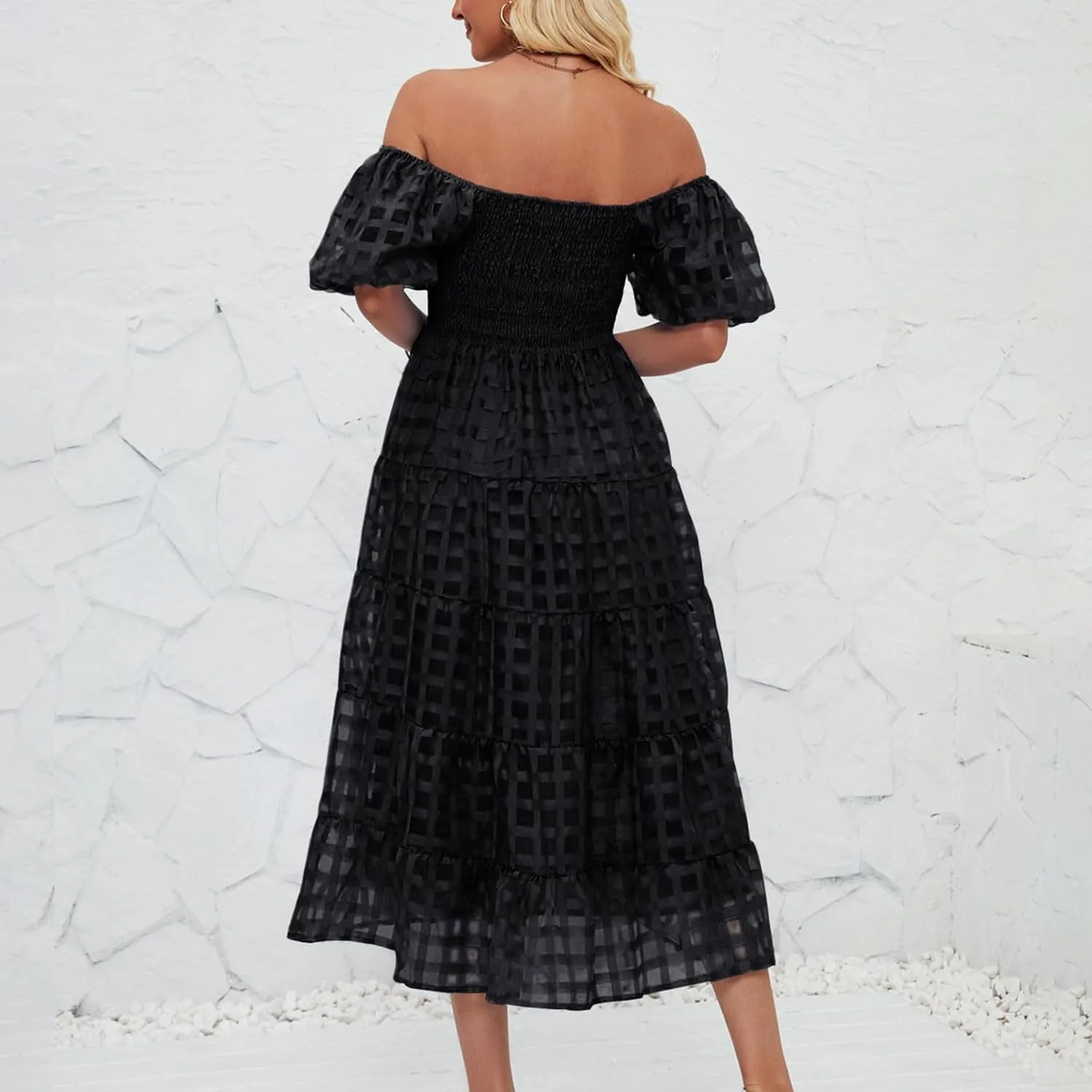 JOAU Women's Summer Off Shoulder Smocked Beach Dress Square Neck Puff Short Sleeve Swing Tiered Layered Ruffle Midi Dresses