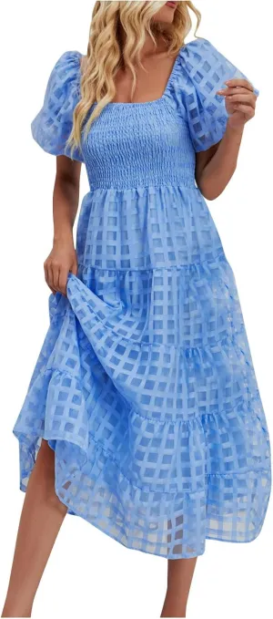 JOAU Women's Summer Off Shoulder Smocked Beach Dress Square Neck Puff Short Sleeve Swing Tiered Layered Ruffle Midi Dresses