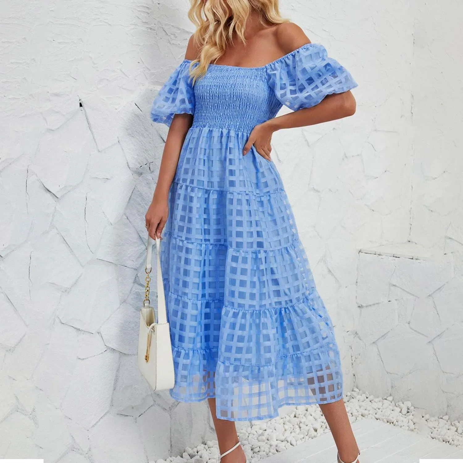 JOAU Women's Summer Off Shoulder Smocked Beach Dress Square Neck Puff Short Sleeve Swing Tiered Layered Ruffle Midi Dresses