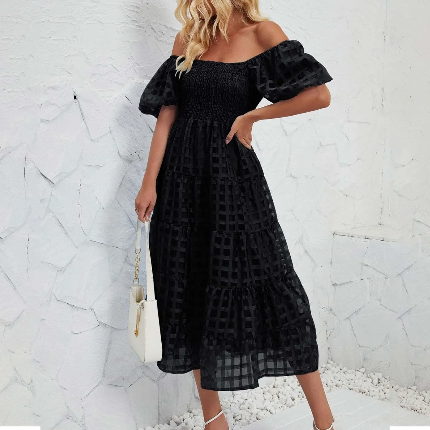 JOAU Women's Summer Off Shoulder Smocked Beach Dress Square Neck Puff Short Sleeve Swing Tiered Layered Ruffle Midi Dresses