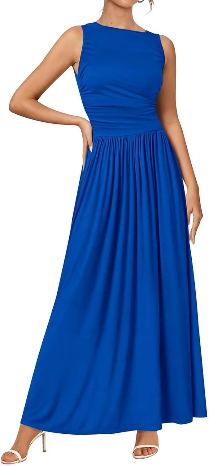 JOAU Women's Summer Tank Maxi Dress with Pockets Sleeveless A-Line Dresses Casual T-Shirt Dress Flowy Pleated Beach Sundress