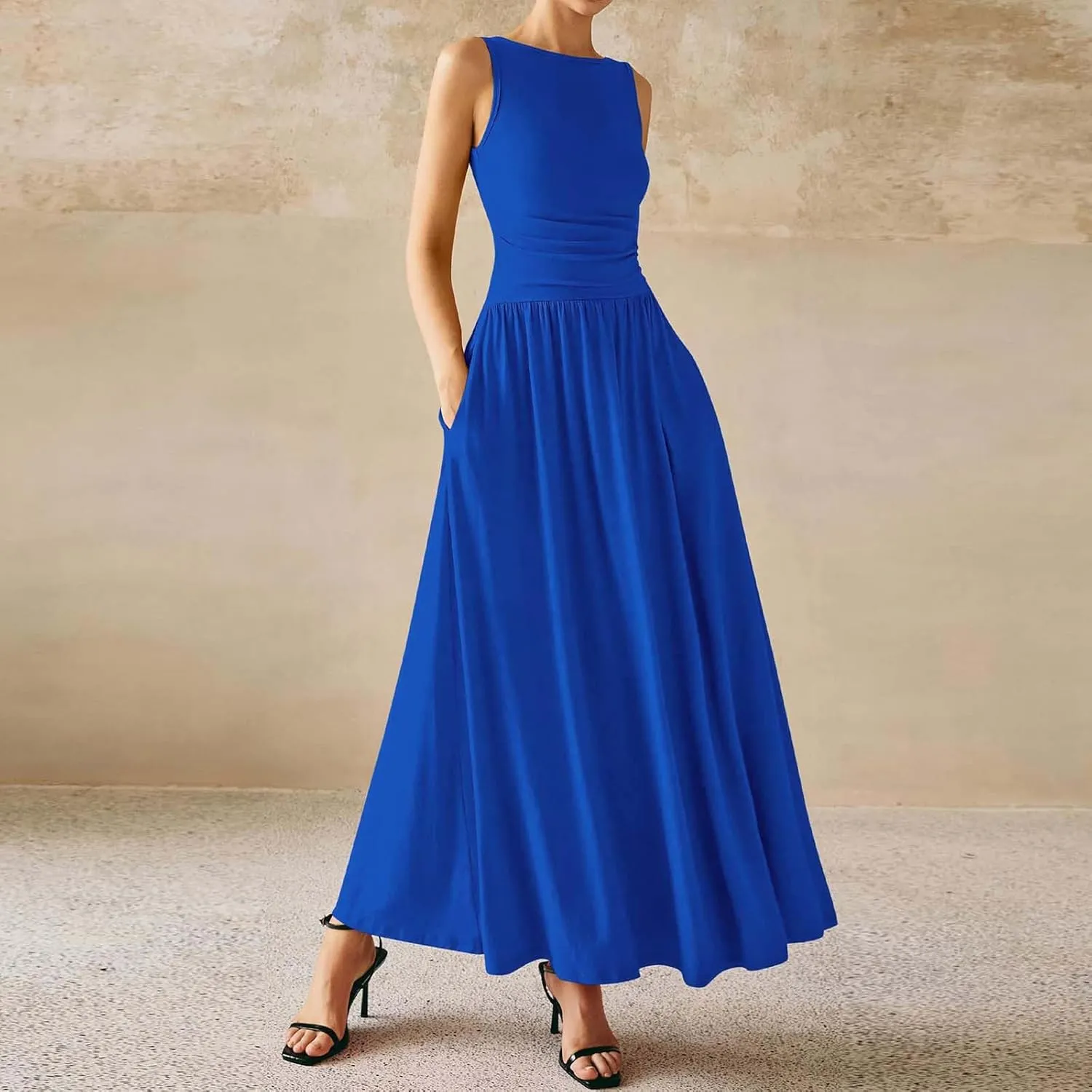 JOAU Women's Summer Tank Maxi Dress with Pockets Sleeveless A-Line Dresses Casual T-Shirt Dress Flowy Pleated Beach Sundress